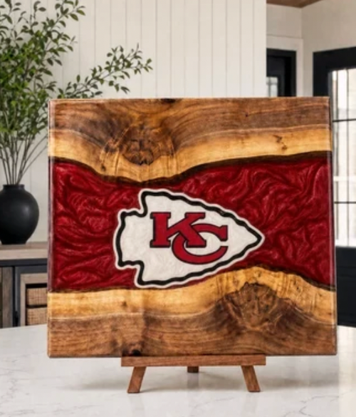Live-edge walnut football board with epoxy resin river